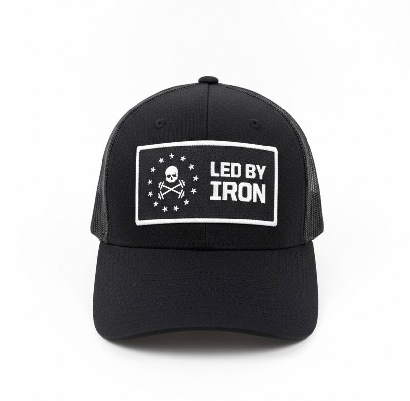 Led By Iron Black Adjustable Fit Trucker Hat with Black Patch and White Stitching on white background v2