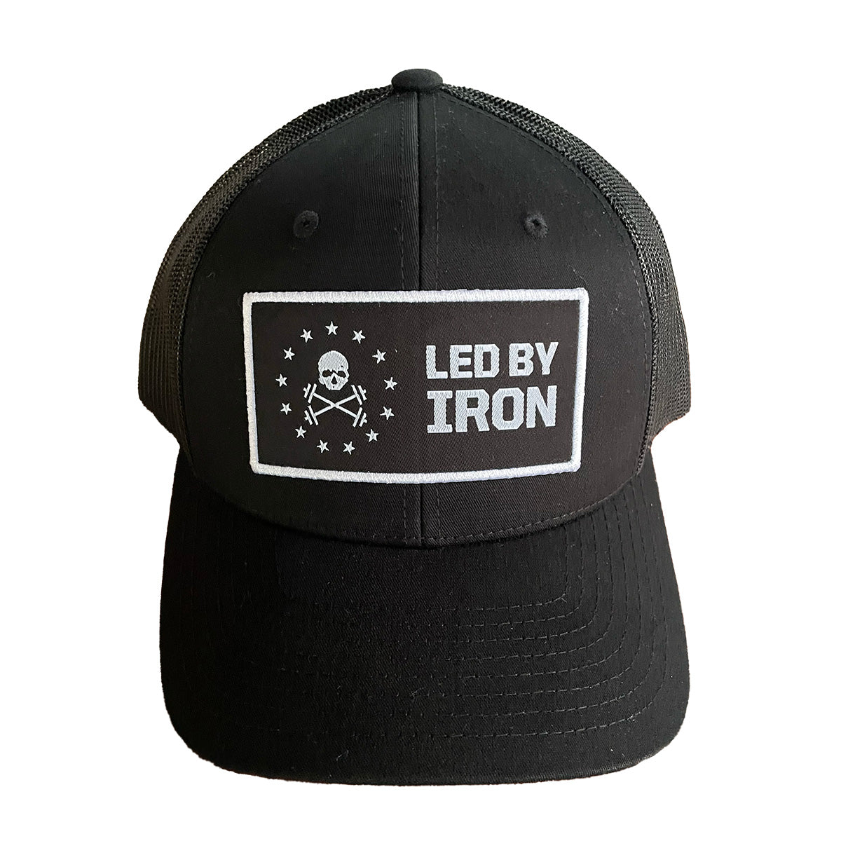 Led By Iron Black Adjustable Fit Trucker Hat with Black Patch and White Stitching on white background