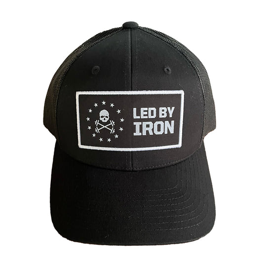 Led By Iron Black Adjustable Fit Trucker Hat with Black Patch and White Stitching on white background