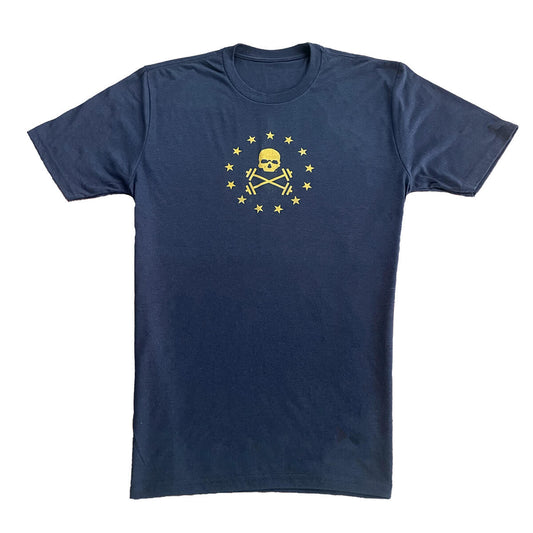 Led By Iron Navy Blue and Gold Cotton Blend Athletic Fit T-Shirt Front 