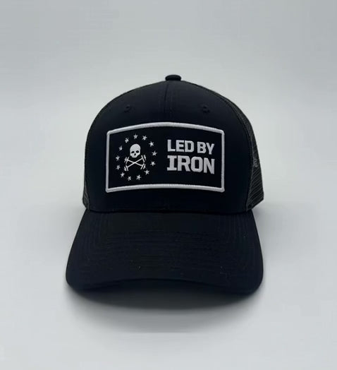 Led By Iron Black Adjustable Fit Trucker Hat with Black Patch and White Stitching on white background video showing 360 view