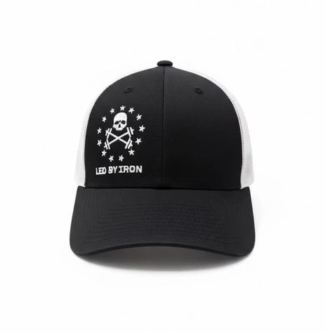 Black and white cap with skull and crossbones design and 'Led by Iron' text on a white background 360 degree video